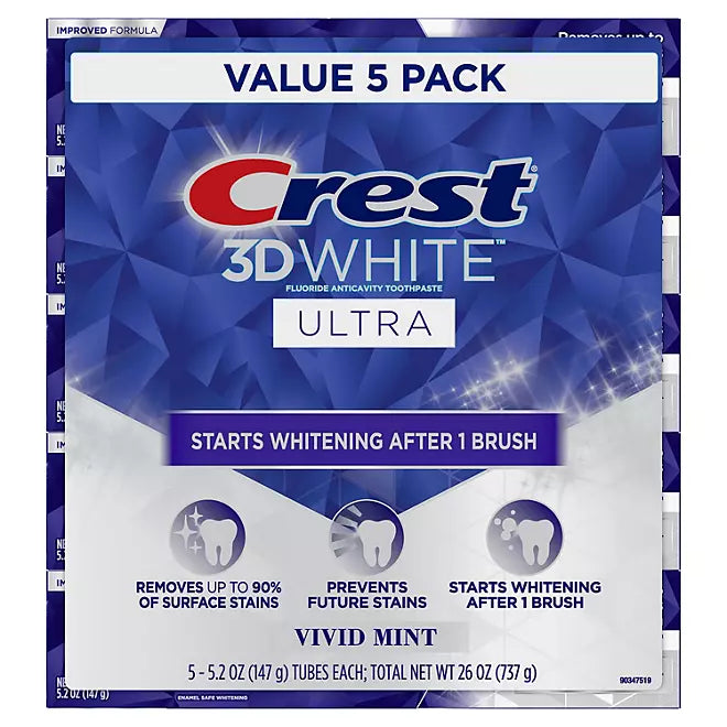 Crest 3D White Vivid Mint Ultra Whitening Toothpaste, 5.2 oz., 5 Retailoutlet