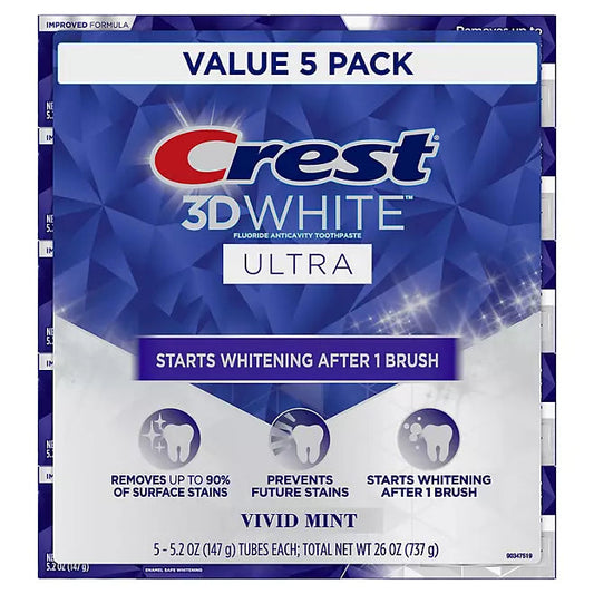 Crest 3D White Vivid Mint Ultra Whitening Toothpaste, 5.2 oz., 5 Retailoutlet
