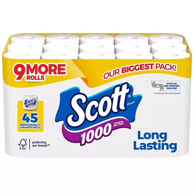 Scott 1000 Toilet Paper – 45 Rolls (1000 Sheets/Roll) Retailoutlet