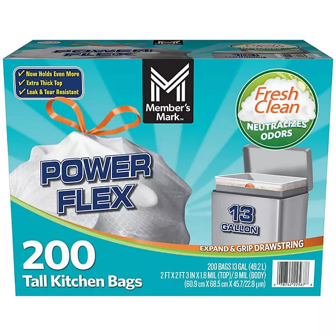 Member's Mark Power Flex 13-Gallon Tall Kitchen Trash Bags, Retailoutlet