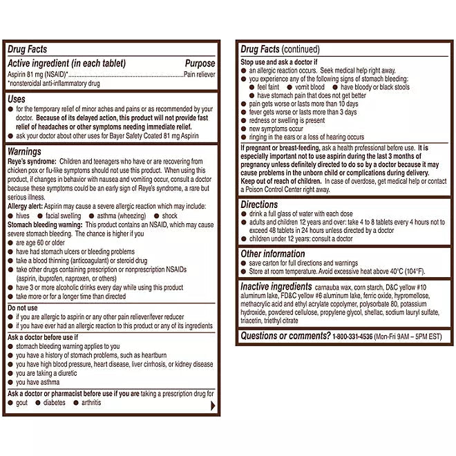 Bayer Low Dose Aspirin Pain Reliever Tablets, 81 mg., 400 ct. Retailoutlet