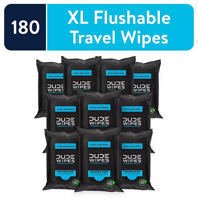 DUDE WIPES XL Flushable Wipes, 10 Packs (180 Wipes Total) Retailoutlet