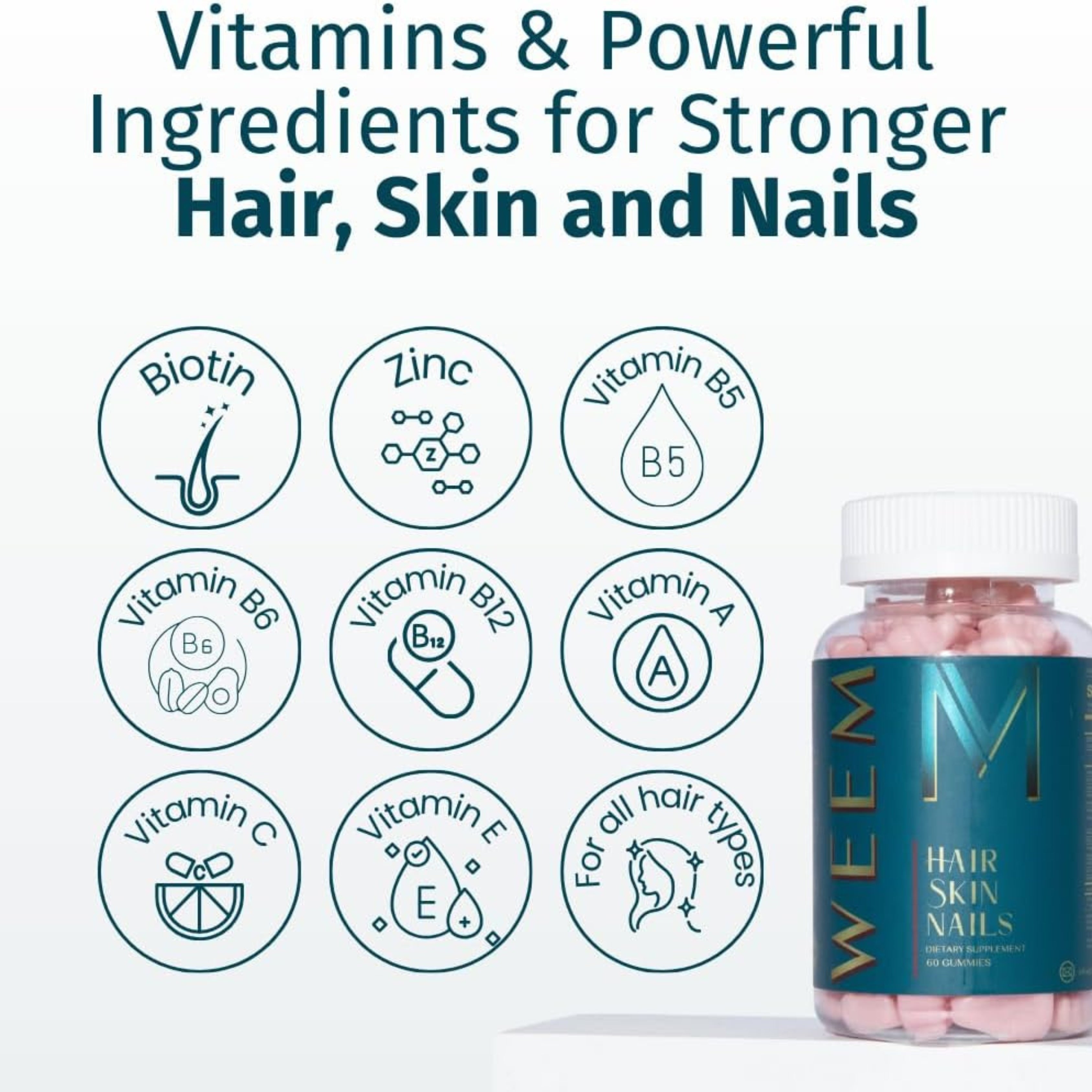 WEEM Hair Skin & Nails Gummies – Vegan Biotin Vitamins for Faster Hair Growth, Stronger Nails & Healthy Skin – Extra Strength Raspberry Flavor – 1 Bottle Ballimart