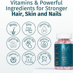 WEEM Hair Skin & Nails Gummies – Vegan Biotin Vitamins for Faster Hair Growth, Stronger Nails & Healthy Skin – Extra Strength Raspberry Flavor – 1 Bottle Ballimart