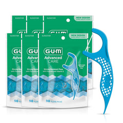 GUM Advanced Care Floss Picks - Dental Flossers for Adults with Vitamin E and Fluoride - Extra Strong Shred-Resistant Dental Floss, Easy Grip Handle, Fresh Mint Flavor, 90 Count (Pack of 6)