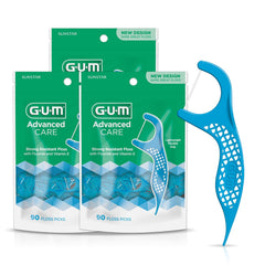 GUM Advanced Care Floss Picks - Dental Flossers for Adults with Vitamin E and Fluoride - Extra Strong Shred-Resistant Dental Floss, Easy Grip Handle, Fresh Mint Flavor, 90 Count (Pack of 3)