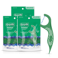 GUM Twisted Mint Floss Picks - Twisted Threads, Shred-Resistant Floss, Easy Grip Handle, 90 Count (Pack of 3)