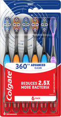 Colgate 360 Advanced Clean Adult Soft Toothbrush Pack, 6 Soft Bristled Toothbrushes with Cheek and Tongue Cleaner, Helps Clean Your Teeth, Tongue, Cheeks, and Gums, 6 Pack