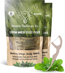 Biodegradable Dental Floss Picks 100 Count 2 Packs | Eco-Friendly Bamboo Like Straw Wheat Sustainable Mint Flavored Flossers for Kids and Adult Teeth Cleaning for The Enviromentally Conscious