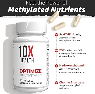 10X Health Optimize Methylated Multivitamin - 90 Capsules, 34 in 1 Formula with 800 mcg of Vitamin B12 - Methylated Multivitamin for Men & Women with 5-MTHF, NAC, Methyl B Complex - MTHFR Supplement 10X Health System