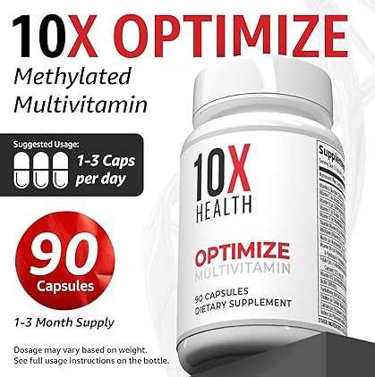 10X Health Optimize Methylated Multivitamin - 90 Capsules, 34 in 1 Formula with 800 mcg of Vitamin B12 - Methylated Multivitamin for Men & Women with 5-MTHF, NAC, Methyl B Complex - MTHFR Supplement 10X Health System