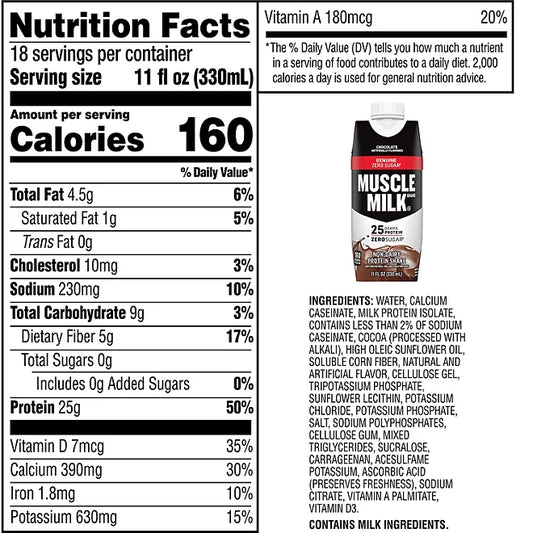 Muscle Milk 25g Genuine Protein Shake, Chocolate, 11 fl. oz., 18 pk.