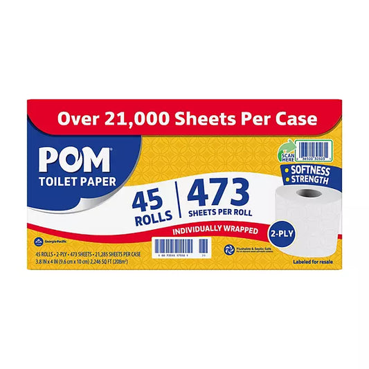 POM Toilet Paper – 45 Rolls (473 Sheets/Roll)