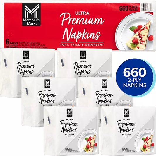 Member's Mark Ultra Premium 2-Ply White Napkins, 6 pks., 110 napkins/pk