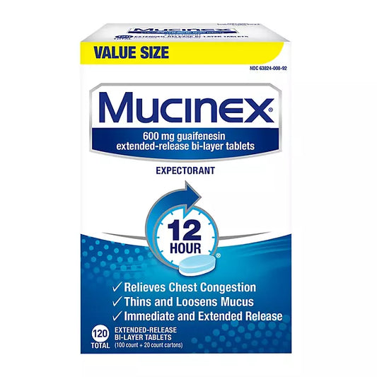 Mucinex 12-Hour Chest Congestant & Mucus Relief Tablets, 600 mg Guaifenesin 120 ct.
