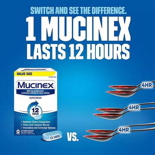 Mucinex 12-Hour Chest Congestant & Mucus Relief Tablets, 600 mg Guaifenesin 120 ct.