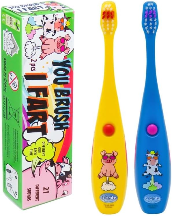 Lily's Home Children’s Funny Farting Toothbrush, Soft Bristles, Minute Electric Brushing Timer, Cute Boy Girl Dentist Prize, Age 3+, Assorted Color Animal Designs