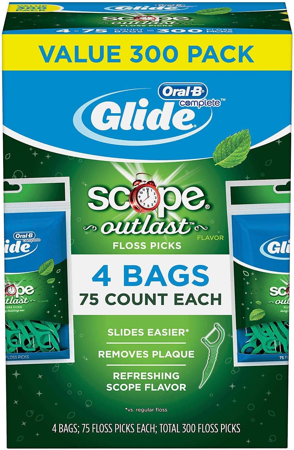 Glide Oral B Floss Picks Plusx 40mm Outlast - Long Lasting Mint, 4 Pack of 75