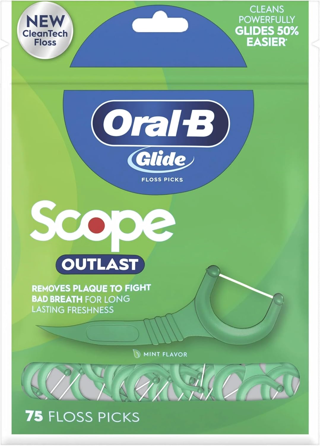 Oral-B Glide Complete Floss Picks, Dental Floss Picks, Scope Outlast, 75-ct, Toothpicks Floss Picks