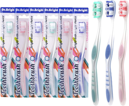 Adult Toothbrushes Medium 6 Pack | Medium Toothbrush for Adults with Tongue Scraper & Ergonomic Handle | Individual Packaging Travel Toothbrush BPA-Free, Assorted Colors