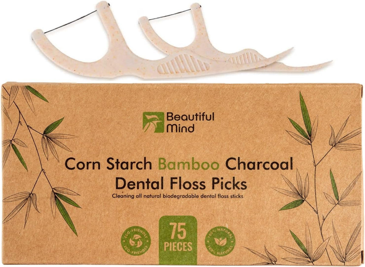 Natural Dental Floss Picks 75 Pack – Organic Biodegradable Floss Sticks with Strong Bamboo Charcoal Thread & Vegan Cornstarch Handle – No Plastics, No Artificial Flavours - Kraft Paper Box