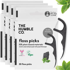 The Humble Co. Floss Picks (200 Count) – Plant Based Dental Floss Picks for Superior Oral Care, Dental Hygiene, and Gum Health, Cruelty Free Tooth Floss Picks (Charcoal, Double Thread)
