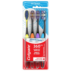 Colgate 360 Advanced Floss Tip Soft Bristle Toothbrush, 17x Thinner Bristles for Deep Reach Between Teeth, Ergonomic Handle with Soft Bristles and Tongue Cleaner, 4 Pack