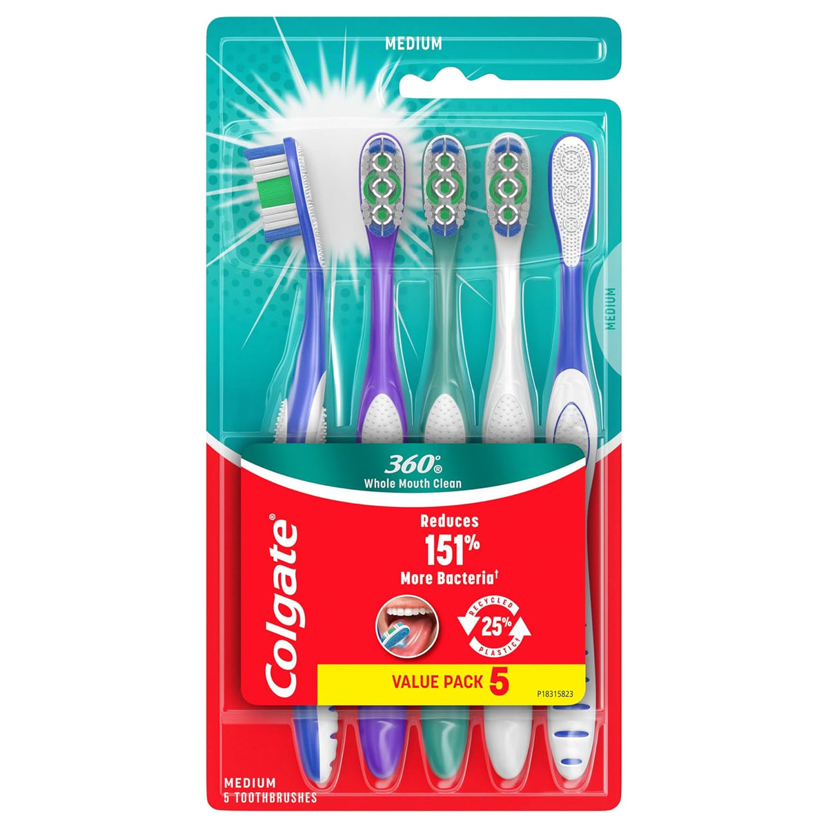 Colgate 360 Whole Mouth Clean Toothbrush, Adult Medium Toothbrushes, 5 Count (Pack of 1)
