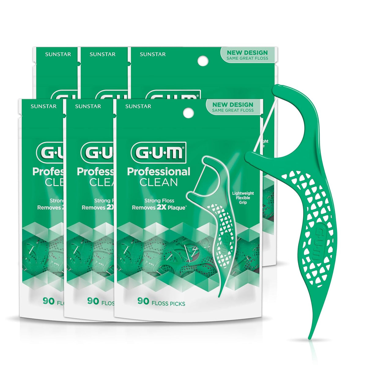 GUM Professional Clean Floss Picks - Extra Strong Shred-Resistant Floss, Easy Grip Handle - Dental Flossers for Adults - Fresh Mint Flavor, 90 Count (Pack of 6)