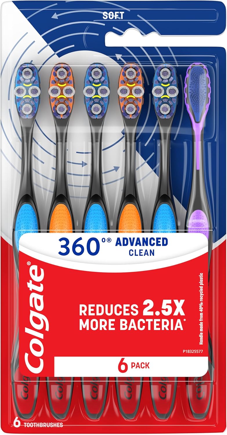 Colgate 360 Advanced Clean Adult Soft Toothbrush Pack, 6 Soft Bristled Toothbrushes with Cheek and Tongue Cleaner, Helps Clean Your Teeth, Tongue, Cheeks, and Gums, 6 Pack