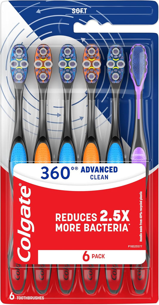 Colgate 360 Advanced Clean Adult Soft Toothbrush Pack, 6 Soft Bristled Toothbrushes with Cheek and Tongue Cleaner, Helps Clean Your Teeth, Tongue, Cheeks, and Gums, 6 Pack