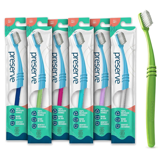 Preserve Eco Friendly Adult Toothbrushes, Made in The USA from Recycled Plastic, Lightweight Package, Soft Bristles, Colors Vary, 6 Pack
