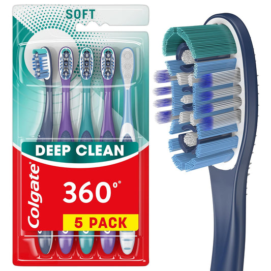 Colgate 360 Whole Mouth Clean Toothbrush, Adult Soft Toothbrushes, 5 Pack, Multicolored