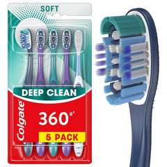 Colgate 360 Whole Mouth Clean Toothbrush, Adult Soft Toothbrushes, 5 Pack, Multicolored