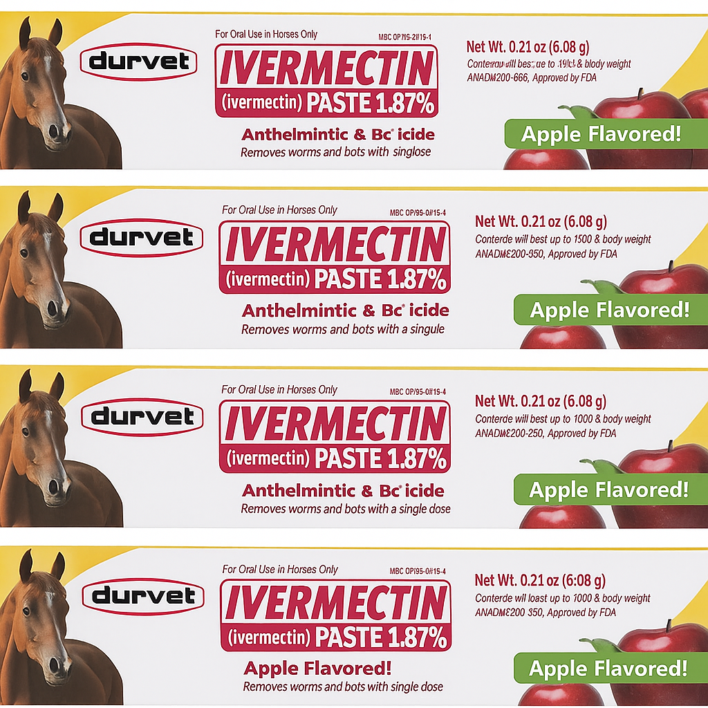 Ivermectin Paste Dewormer 6.08g Dose @ 1.87% Apple Flavored (4 Count) – Durvet